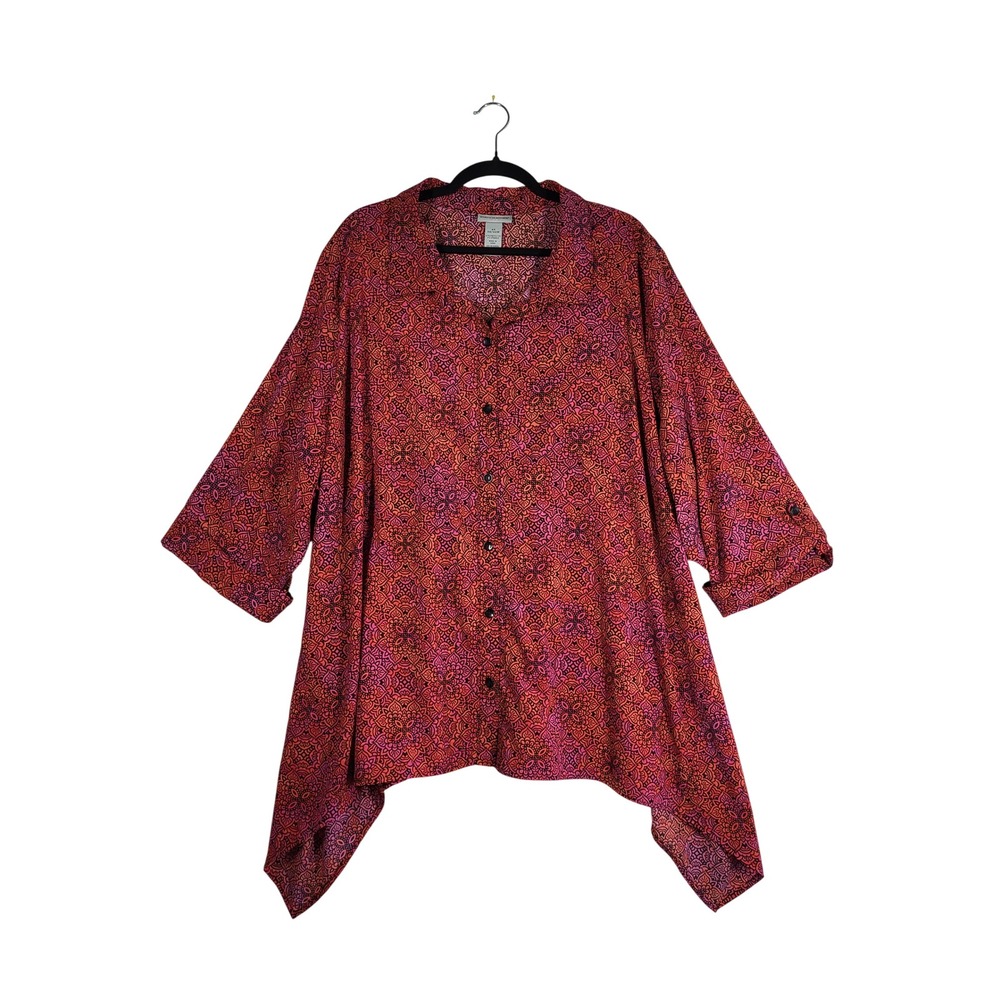 Catherines 4X Pink Medallion Sharkbite Tunic Button Front Roll Tab Sleeves Shirt